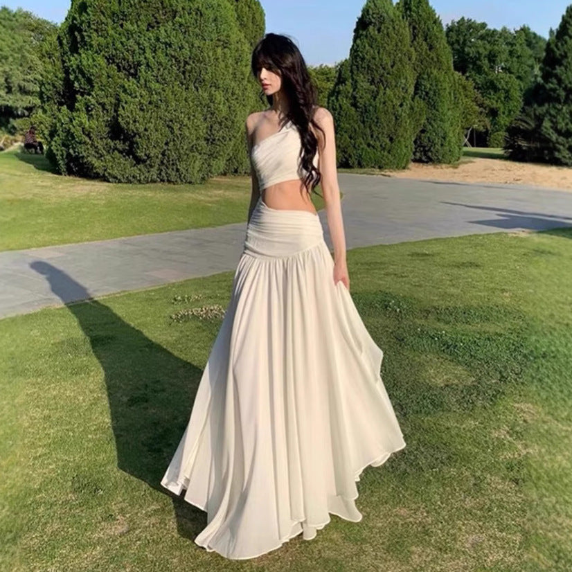 Asymmetric Shoulder And Waist Cut-out White Ethereal Long Dress