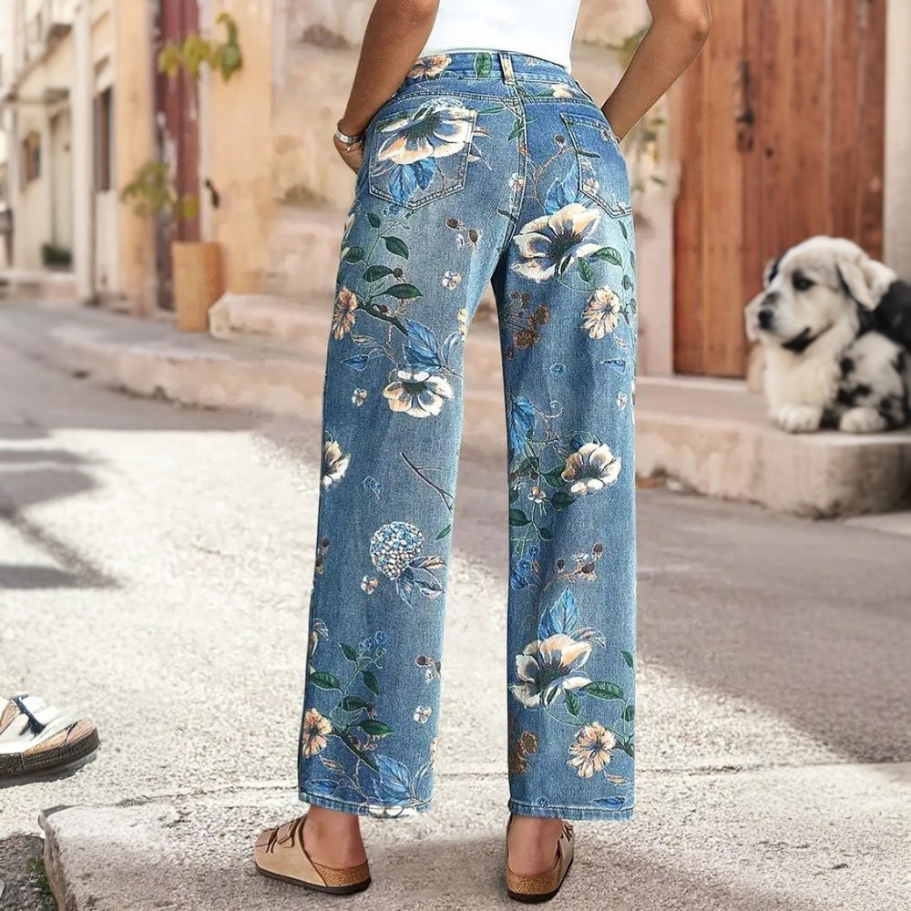 Women's Boho Floral Print Wide Leg Jeans, Mid-Rise Cropped Denim With All-Over Flower Pattern, Casual Summer Pants