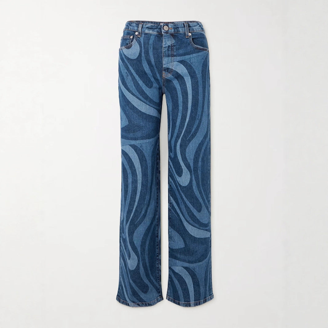 Women's Casual Water Wave Print Straight Leg Denim Pants