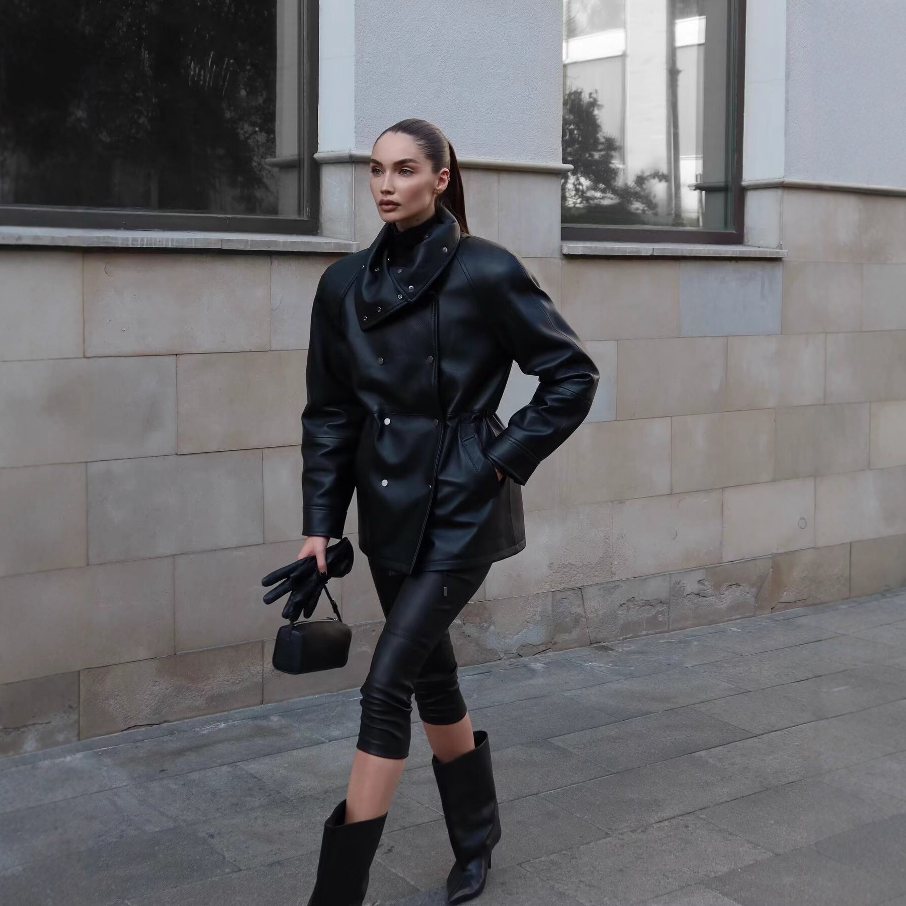 Women's Fashion Black Mid-length Leather Jacket