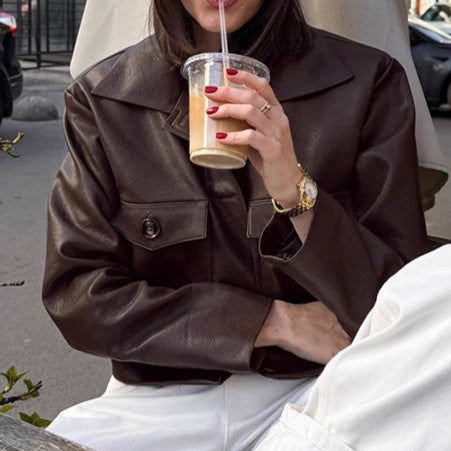 New Loose Slimming Locomotive Style Fashion Leather Coat