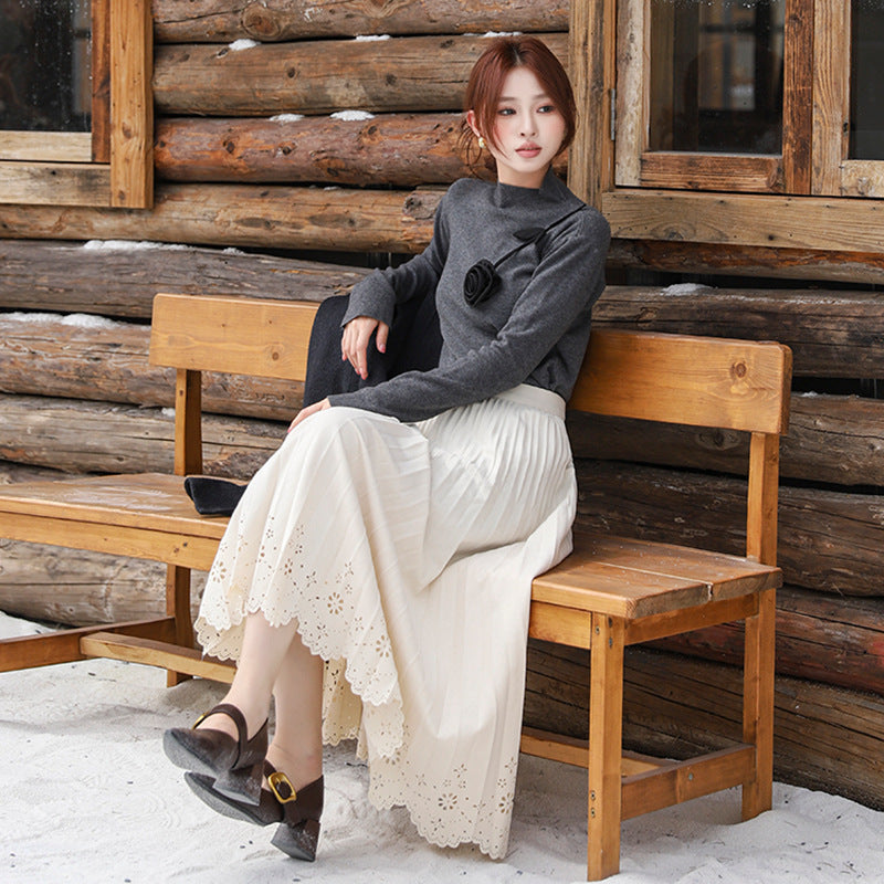 Simple Hollow Lace Midi Skirt Women