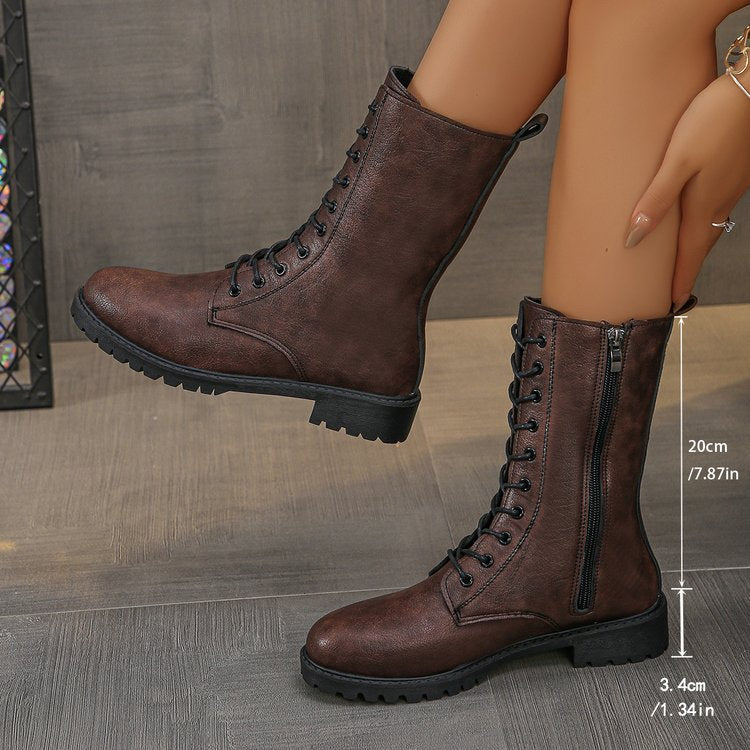 Flat Mid-calf Lace-up Boots For Women