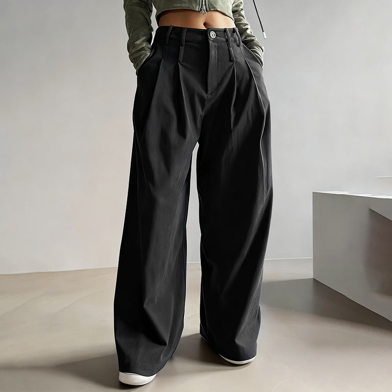 Women's Solid Color High-Waisted Pleated Pants, Wide Leg Trousers With Pockets For Casual Spring And Fall Wear