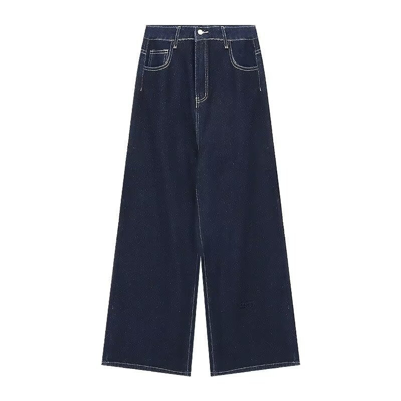 Dark Blue Dad Waist Slimming Wide-leg Pants For Outerwear