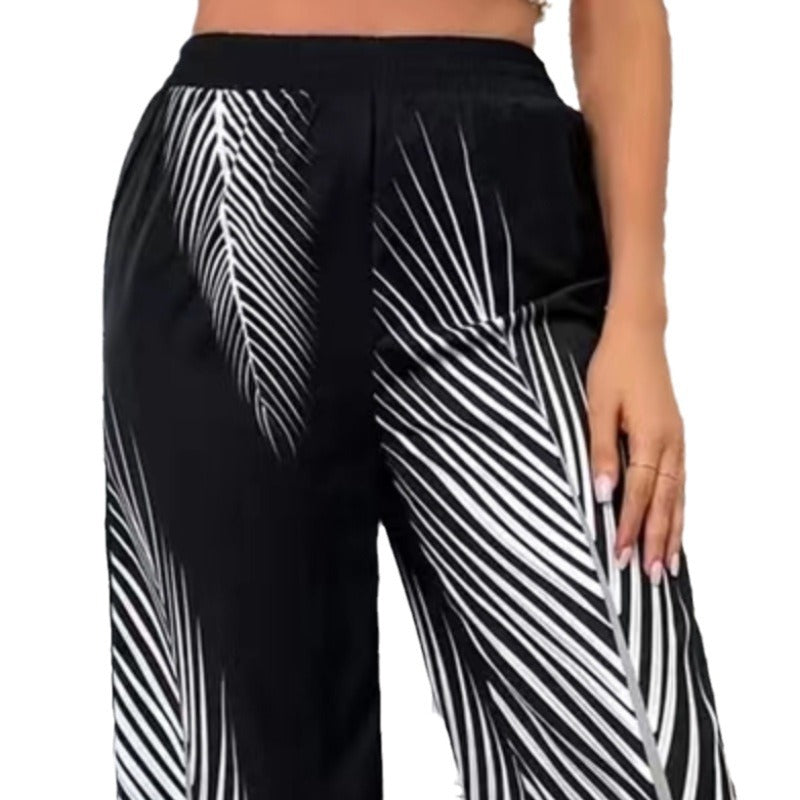 Fashion Elegant Striped Leaf Positioning Printed Wide-leg Pants Women