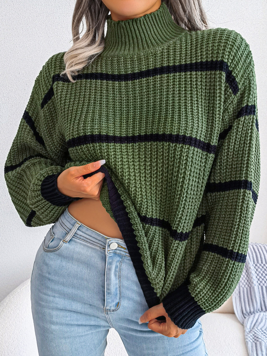 Women Casual Striped Lantern Sleeve Half Turtleneck Knit Sweater