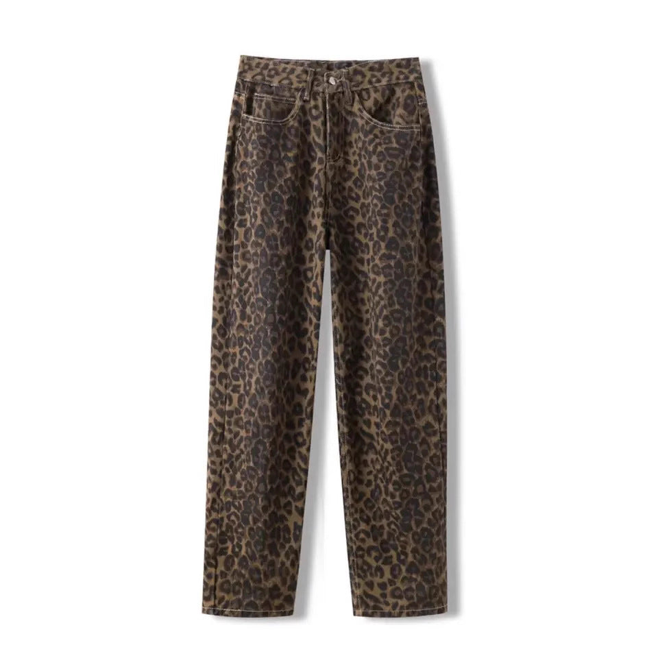 New American Vintage Leopard Print Jeans Straight Loose