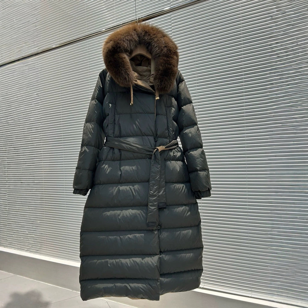 Color-blocked Hooded Reversible Thick Waist-cinching Long Coat For Women