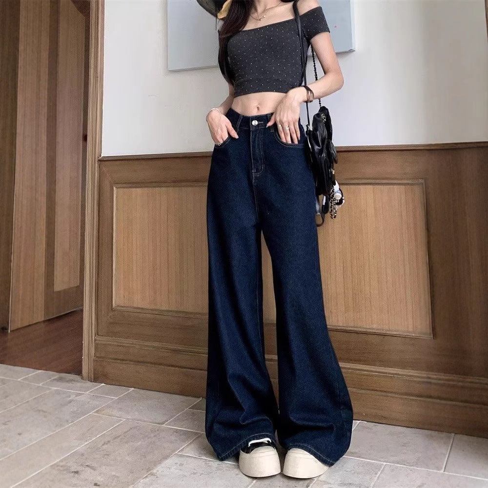 Dark Blue Dad Waist Slimming Wide-leg Pants For Outerwear