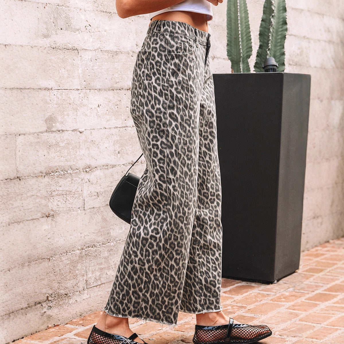 Retro High-waisted Jeans Leopard Print Zip-rolled Hem Wide-leg Pants