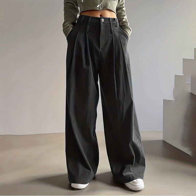 Women's Solid Color High-Waisted Pleated Pants, Wide Leg Trousers With Pockets For Casual Spring And Fall Wear