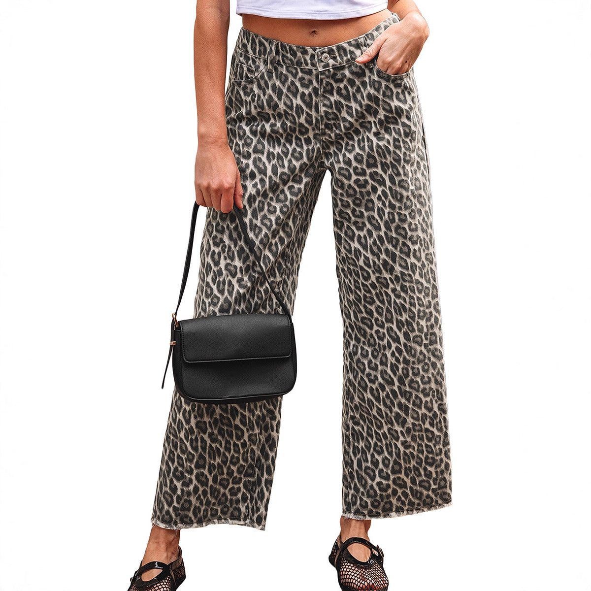 Retro High-waisted Jeans Leopard Print Zip-rolled Hem Wide-leg Pants