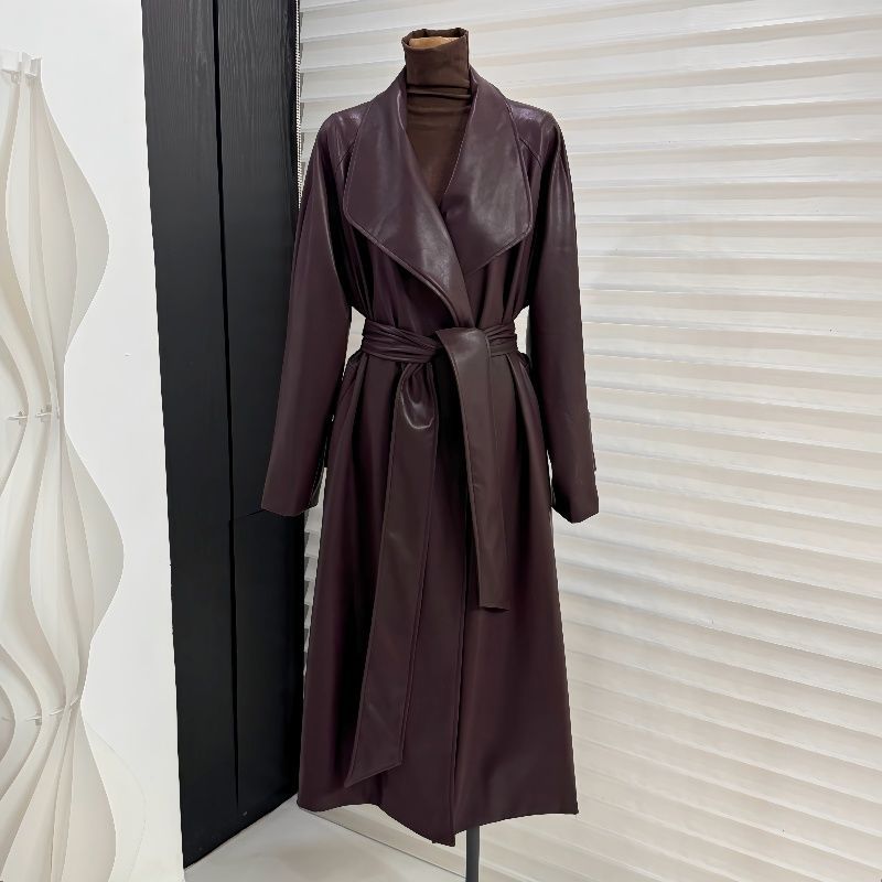 Lapel Mid-length Leather Coat Women
