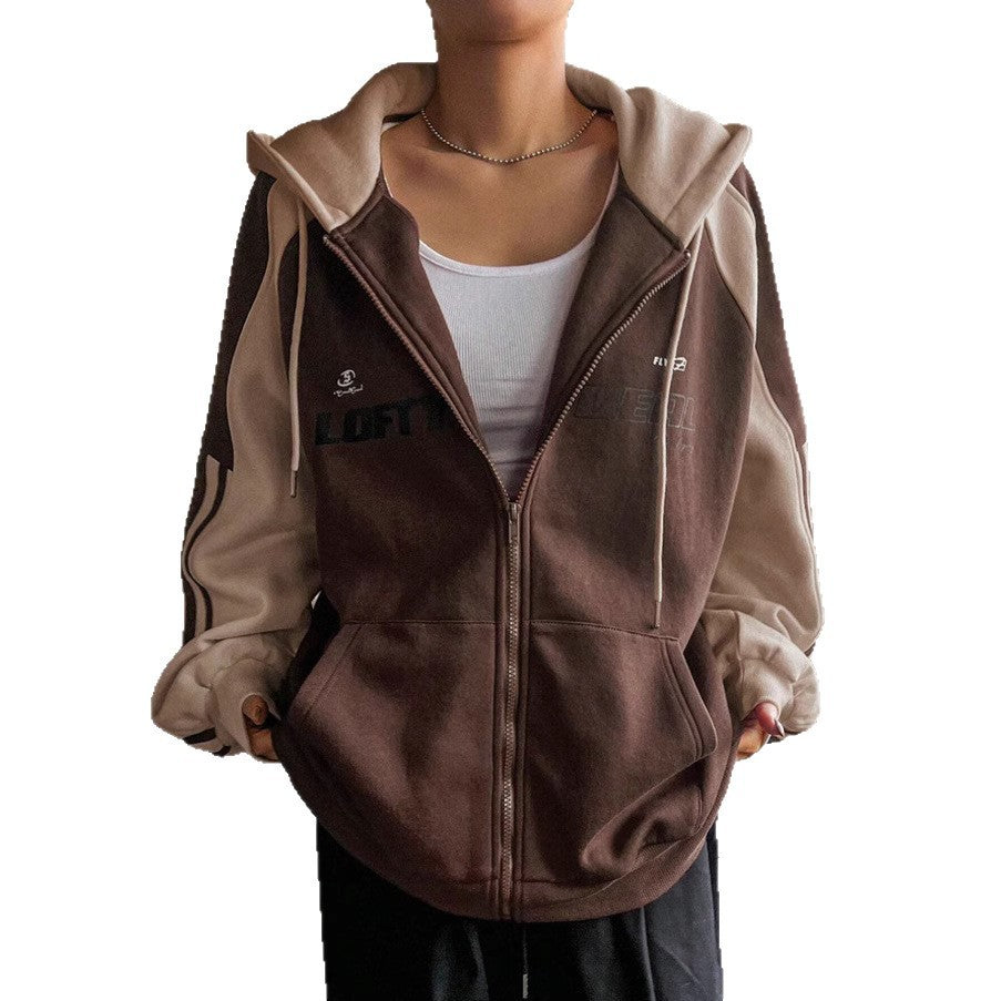 Retro Style Patchwork Color-blocked Hooded Sweatshirt For Women