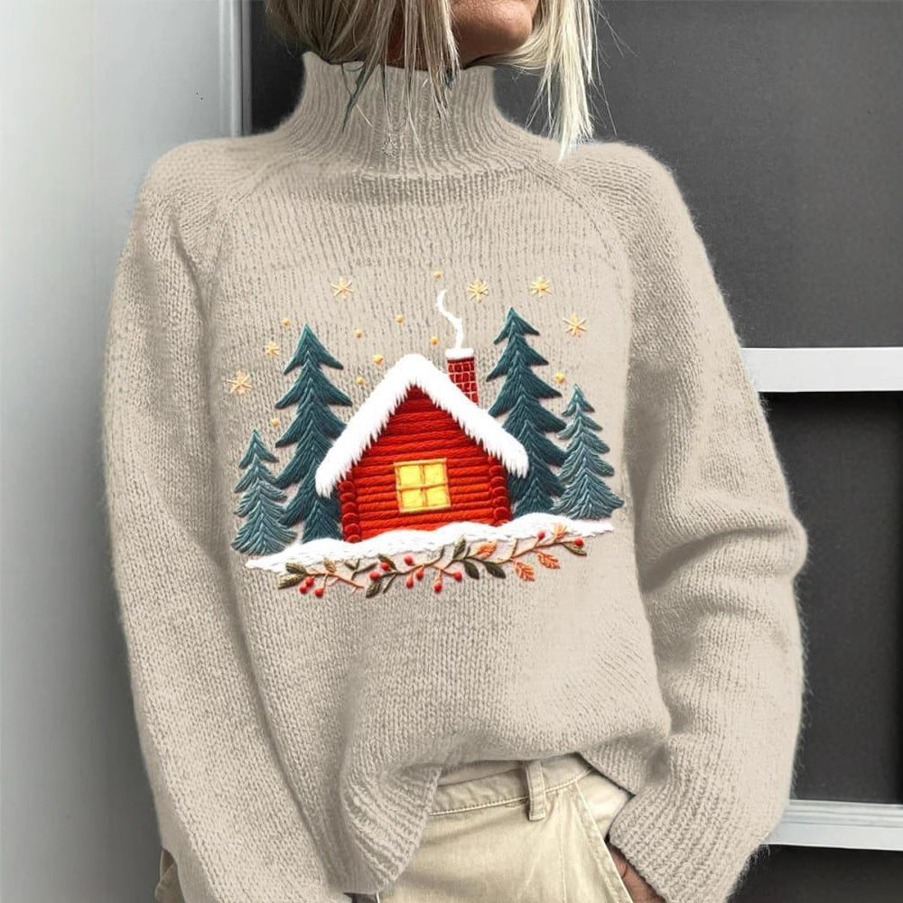 AutumnWinter Christmas Long-Sleeve Turtleneck Hoodie With Lapel Collar