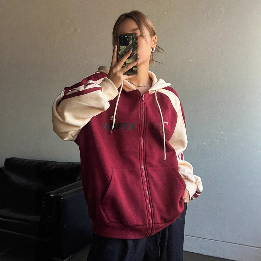 Retro Style Patchwork Color-blocked Hooded Sweatshirt For Women