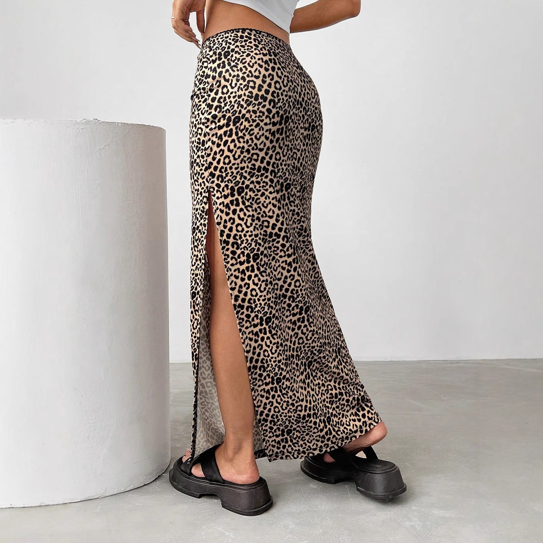 Sexy High-waisted Leopard Print Skirt With Slit