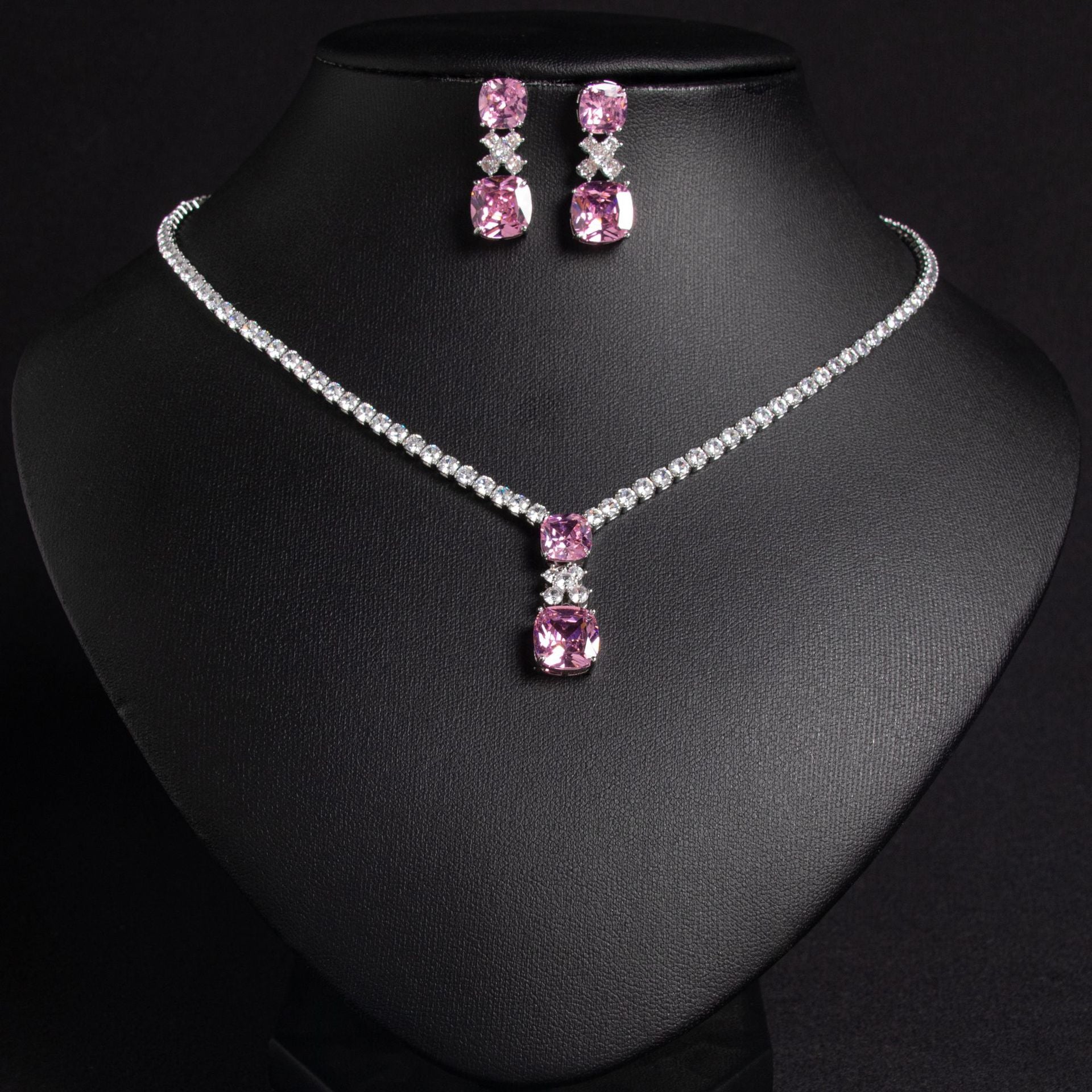 Small Square Bride Collarbone Chain Design Simple Zircon Pendant Earrings