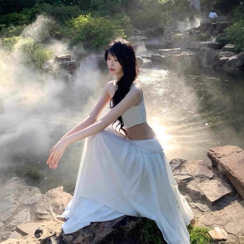 Asymmetric Shoulder And Waist Cut-out White Ethereal Long Dress