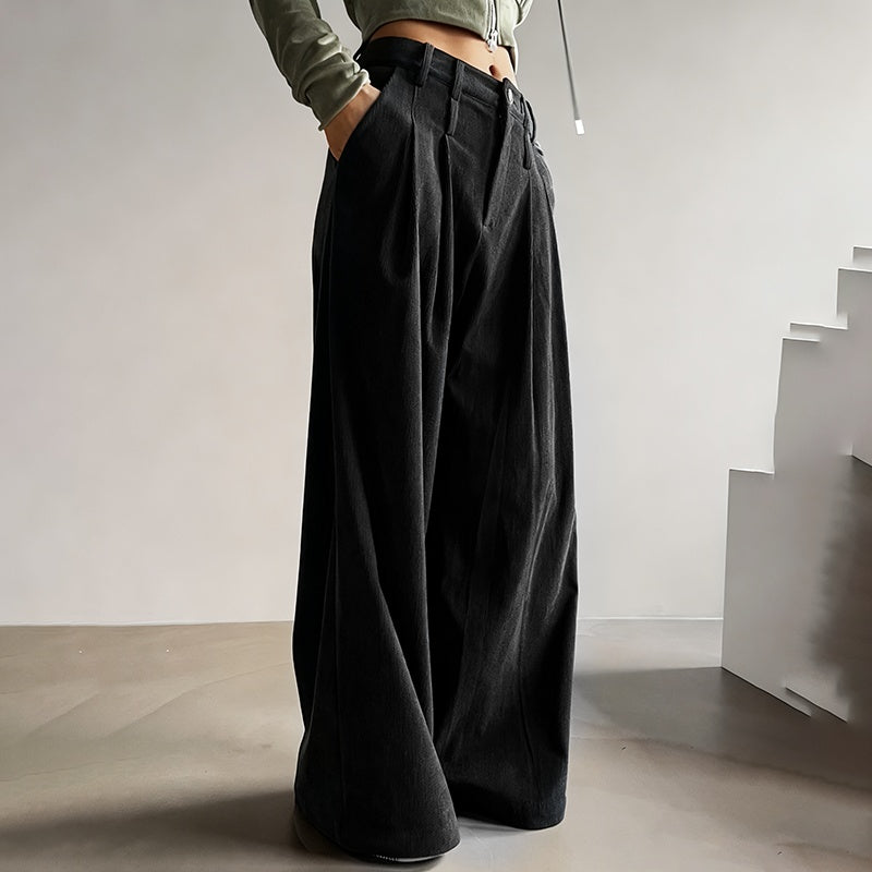 Women's Solid Color High-Waisted Pleated Pants, Wide Leg Trousers With Pockets For Casual Spring And Fall Wear