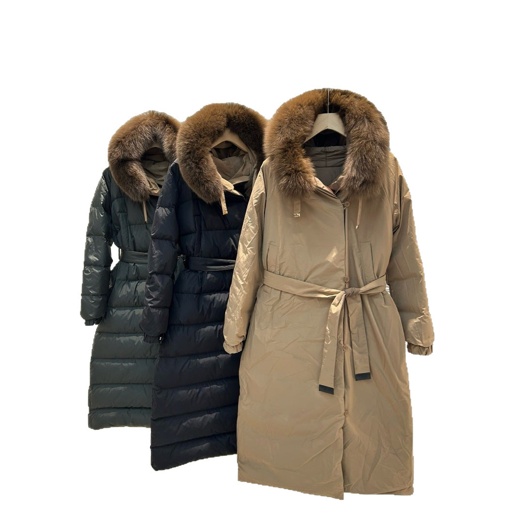 Color-blocked Hooded Reversible Thick Waist-cinching Long Coat For Women