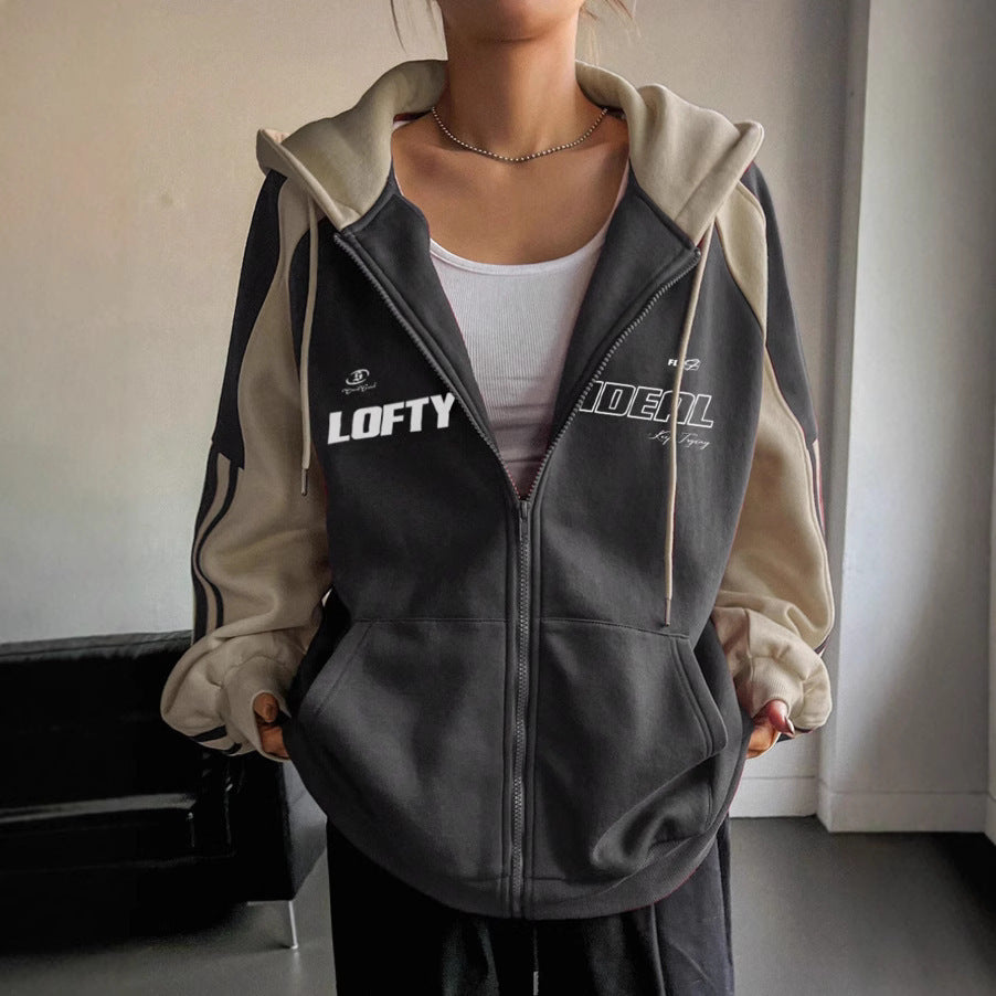 Retro Style Patchwork Color-blocked Hooded Sweatshirt For Women