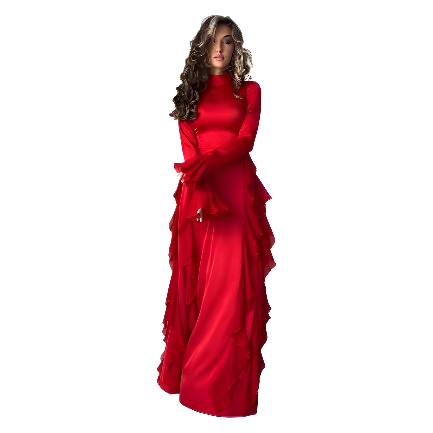 Round Neck Trumpet Sleeve High Waist Slim Dress