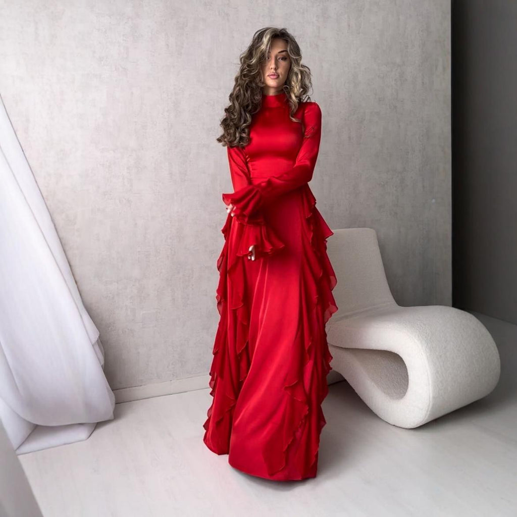 Round Neck Trumpet Sleeve High Waist Slim Dress