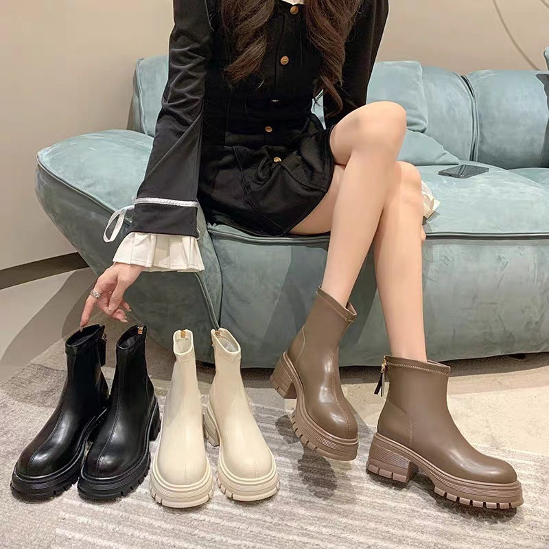 Height-increasing White Platform Thick Sole British Style Ankle Boots