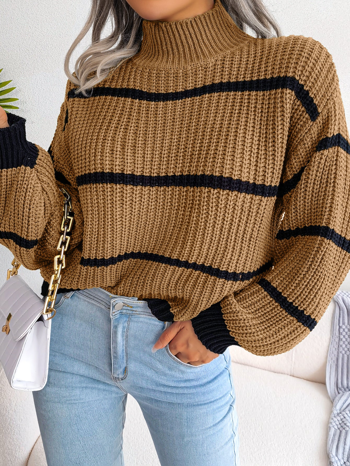 Women Casual Striped Lantern Sleeve Half Turtleneck Knit Sweater
