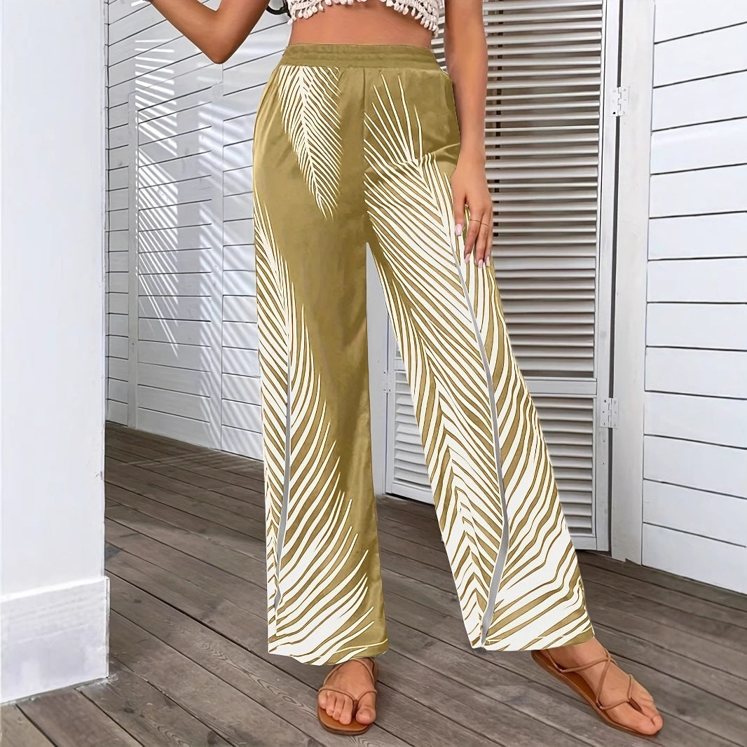 Fashion Elegant Striped Leaf Positioning Printed Wide-leg Pants Women