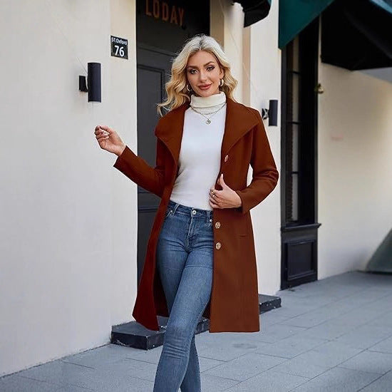 Women's Single-breasted Stand Collar Belt Pea Coat