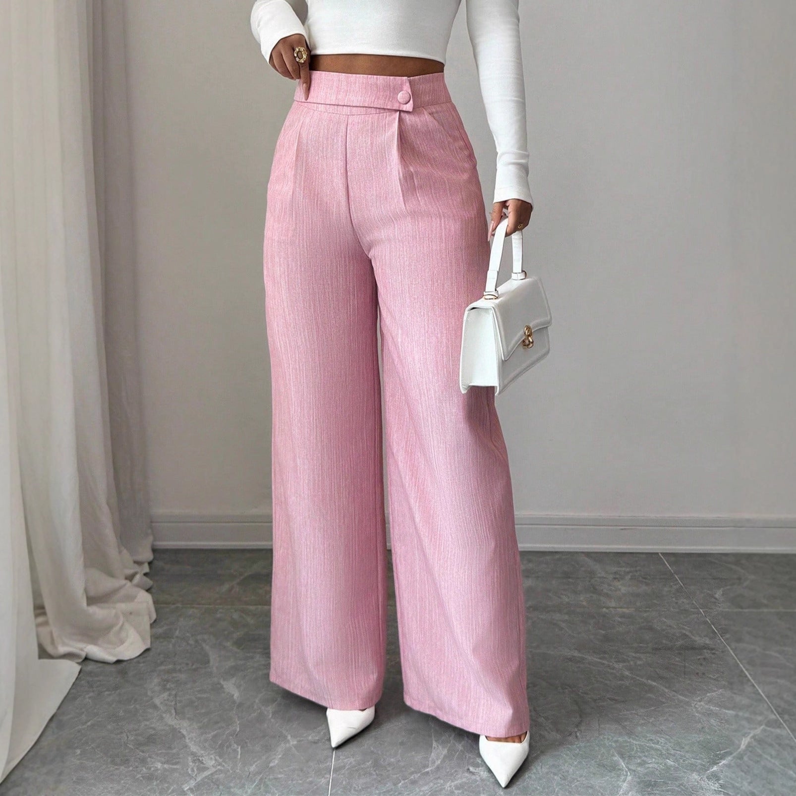 Elegant And Casual Loose Straight-leg Pants With A Waist Button Design