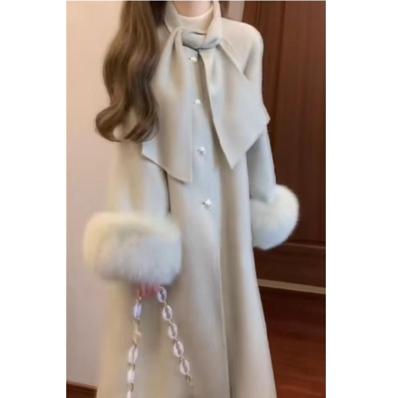 Women's Autumn And Winter High-end Super Stylish Furry Sleeve Double-faced Wool Coat