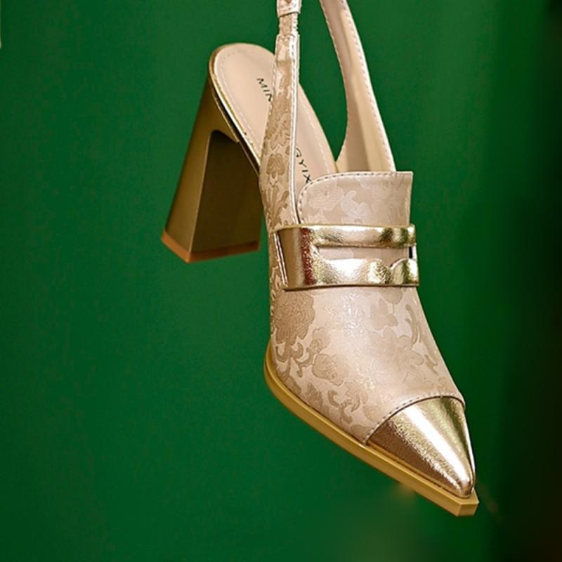 Printed High Heels Chunky Heel Pointed-toe High-cut All-match Strap Sandals