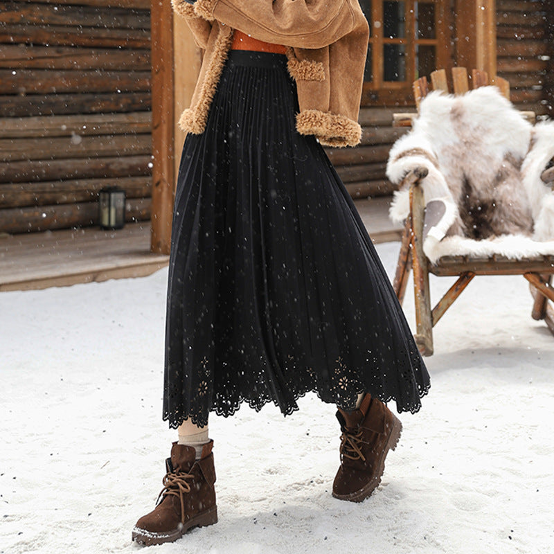 Simple Hollow Lace Midi Skirt Women