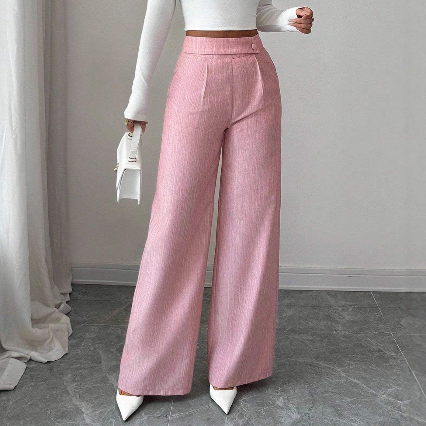 Elegant And Casual Loose Straight-leg Pants With A Waist Button Design