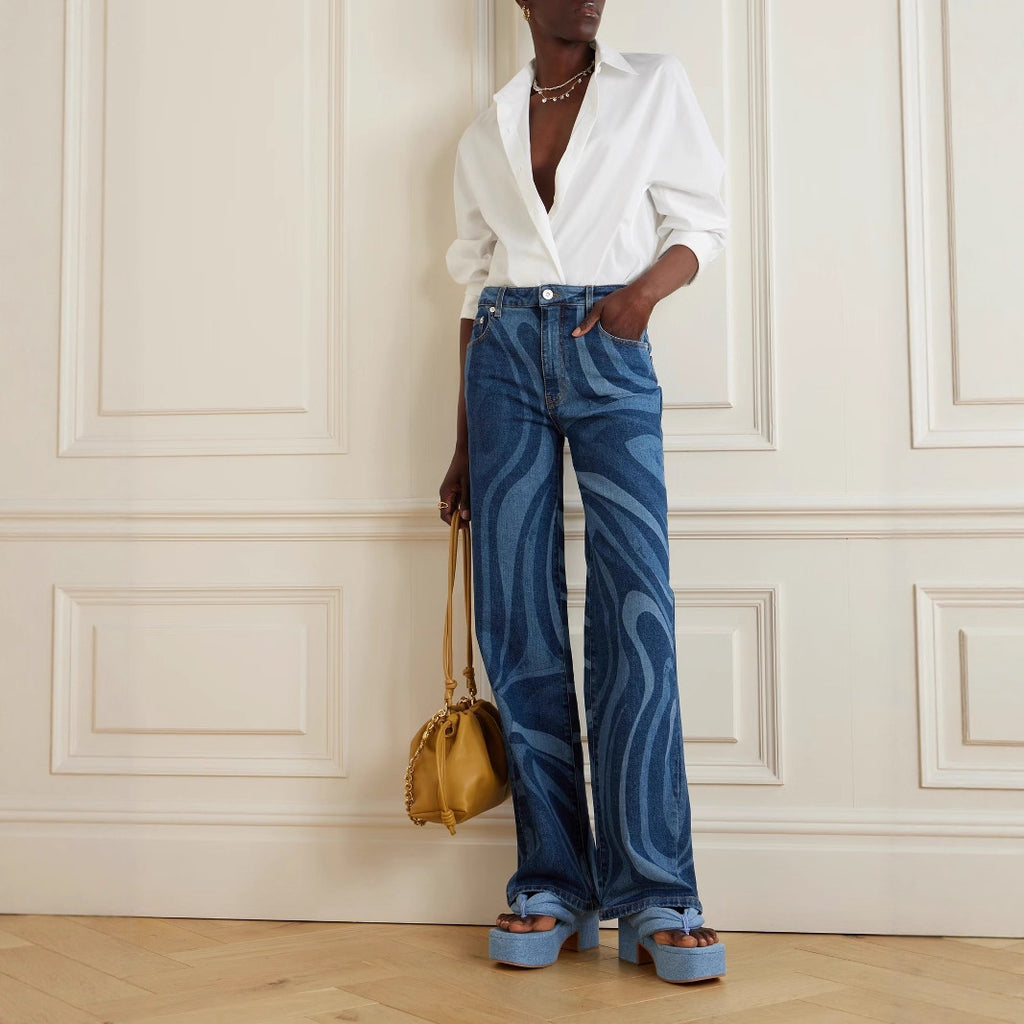 Women's Casual Water Wave Print Straight Leg Denim Pants