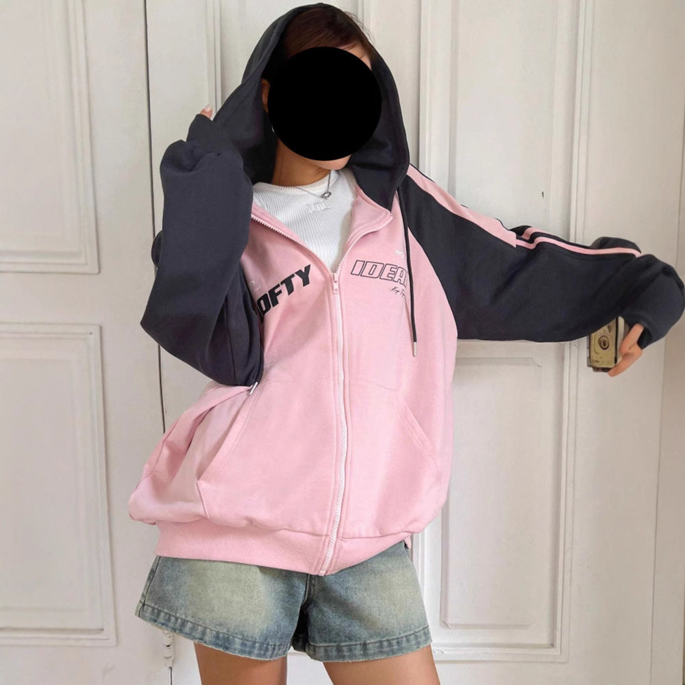 Retro Style Patchwork Color-blocked Hooded Sweatshirt For Women