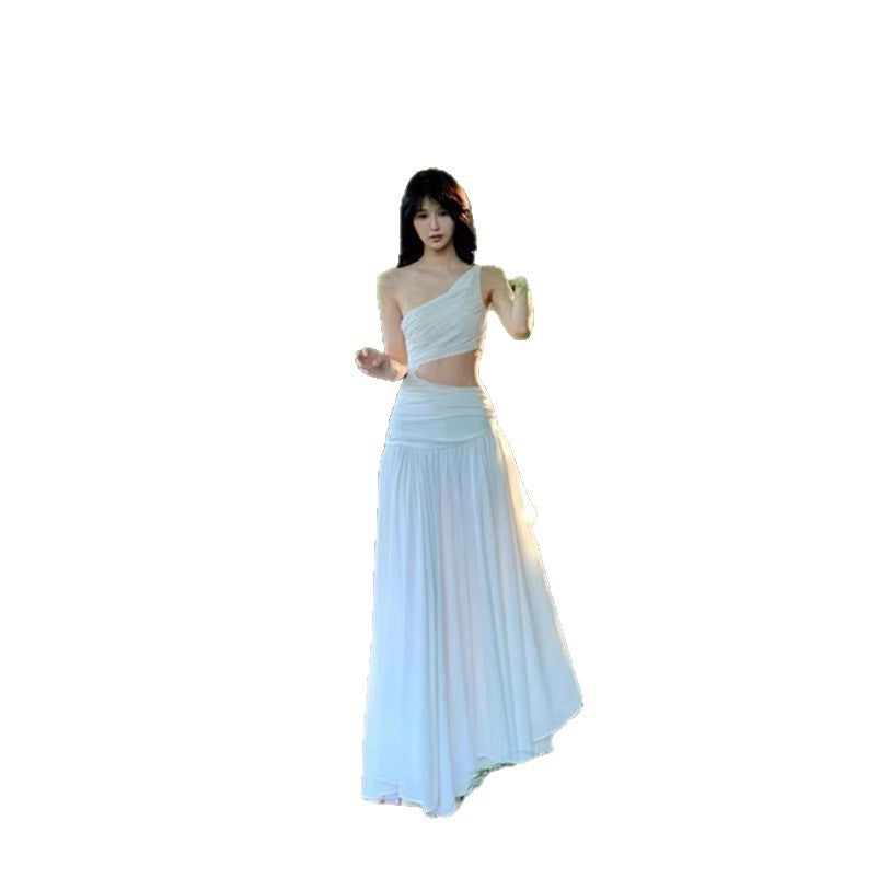 Asymmetric Shoulder And Waist Cut-out White Ethereal Long Dress