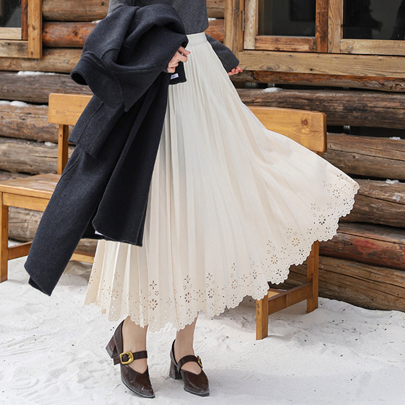 Simple Hollow Lace Midi Skirt Women