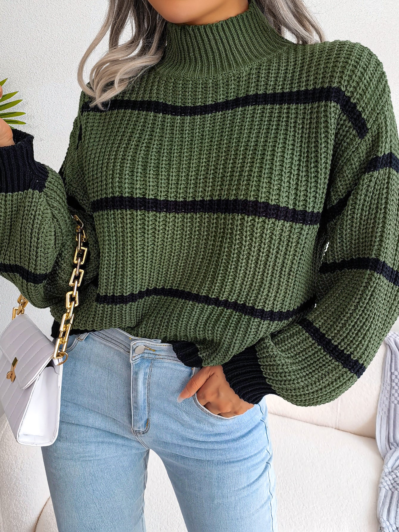 Women Casual Striped Lantern Sleeve Half Turtleneck Knit Sweater