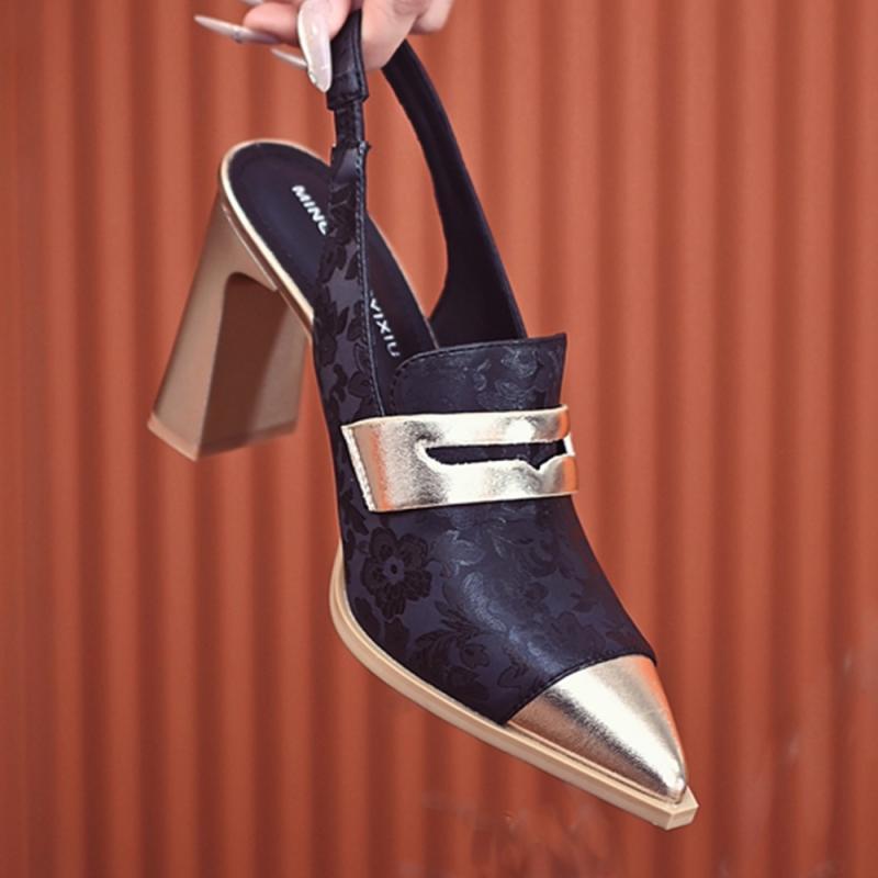 Printed High Heels Chunky Heel Pointed-toe High-cut All-match Strap Sandals