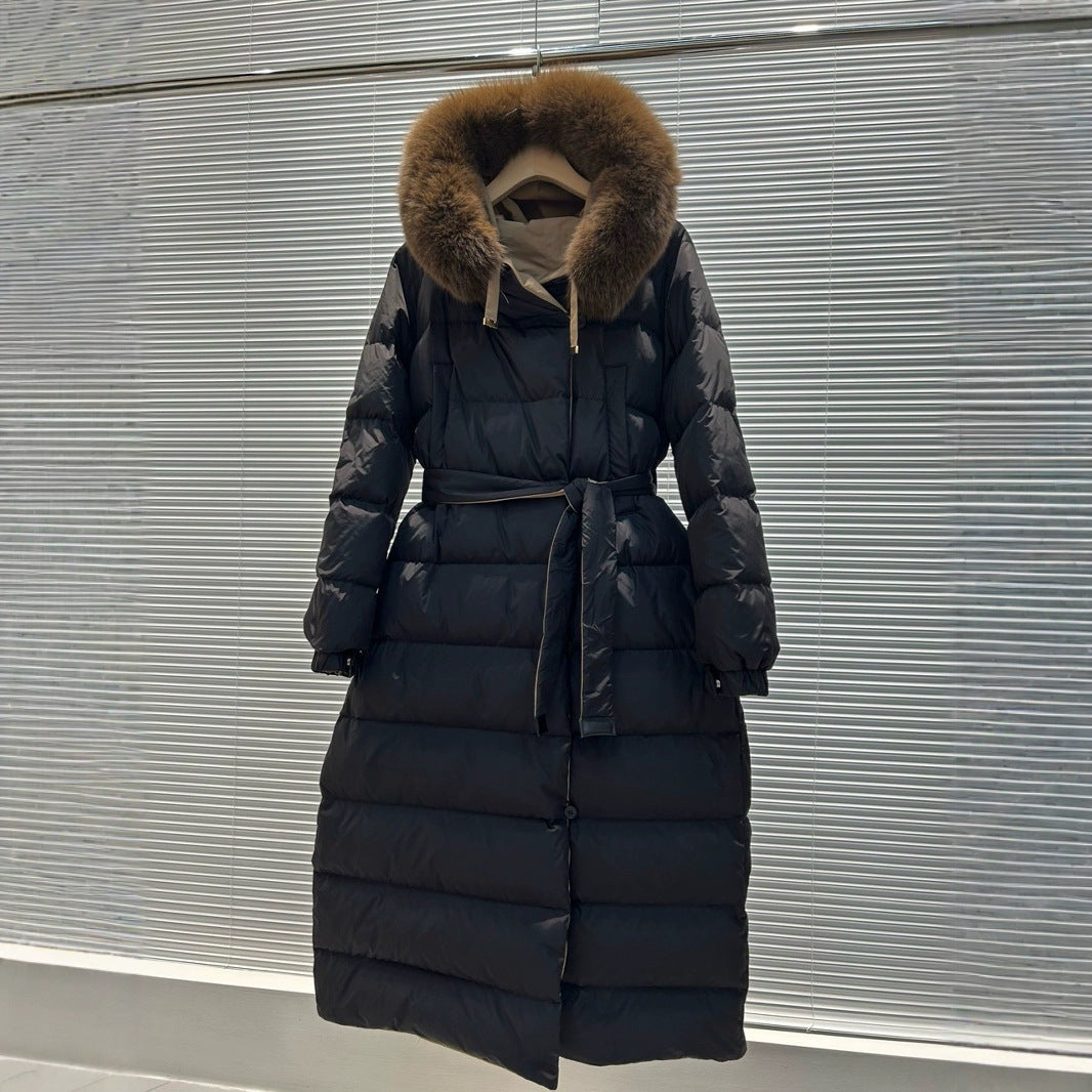 Color-blocked Hooded Reversible Thick Waist-cinching Long Coat For Women