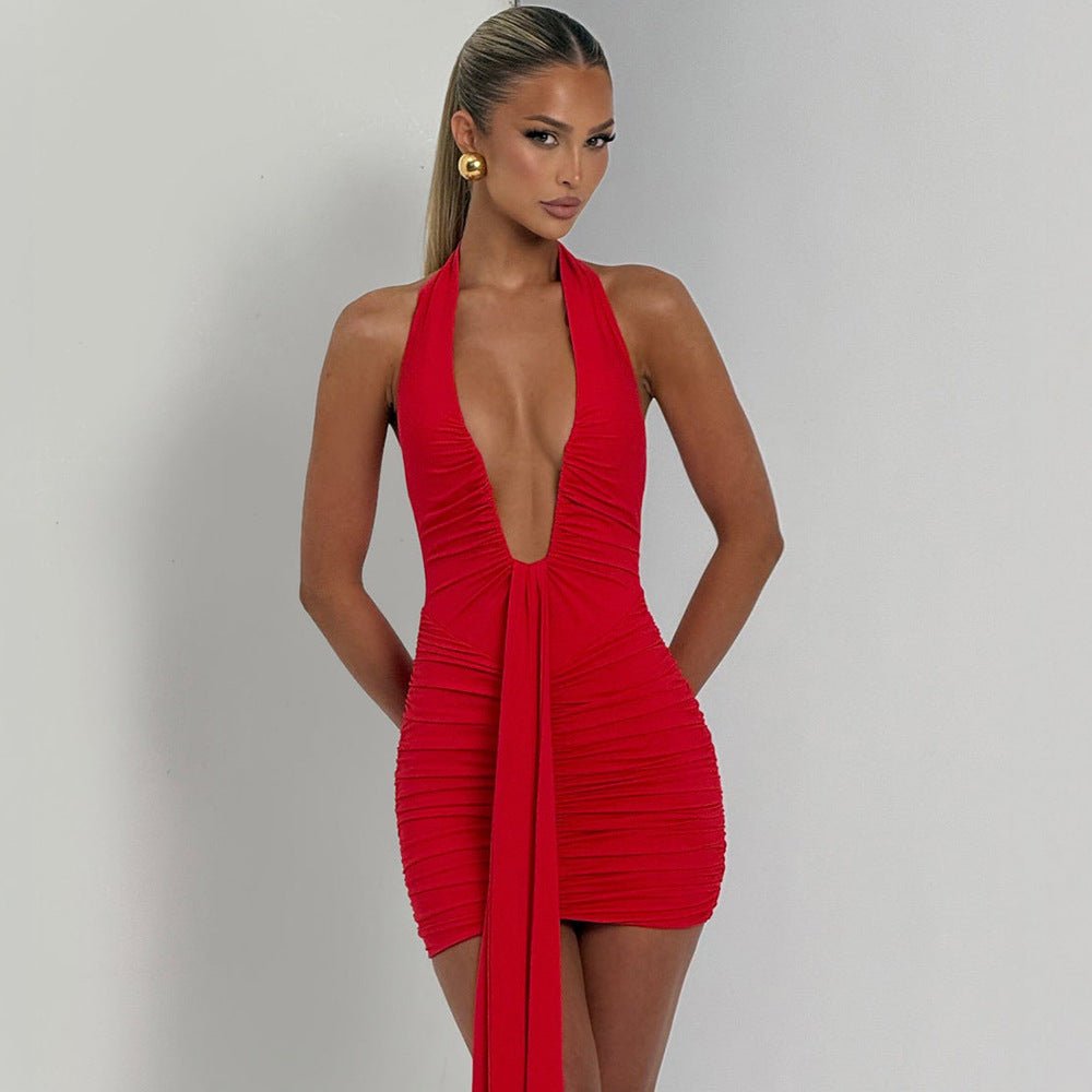 Deep V-neck Ribbon Tie Halter Dress