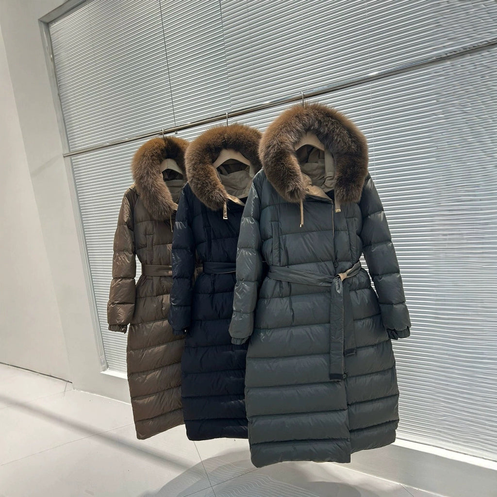 Color-blocked Hooded Reversible Thick Waist-cinching Long Coat For Women