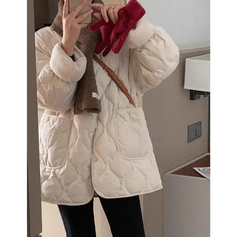Collarless Fleece Lightweight Korean-style Loose Diamond-pattern Warm Cotton Jacket