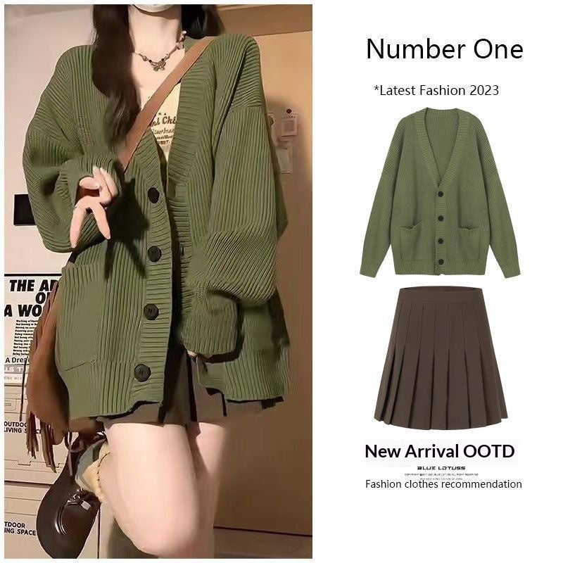 Women's Sweater Jacket And Retro Pleated Skirt Two-Piece Set