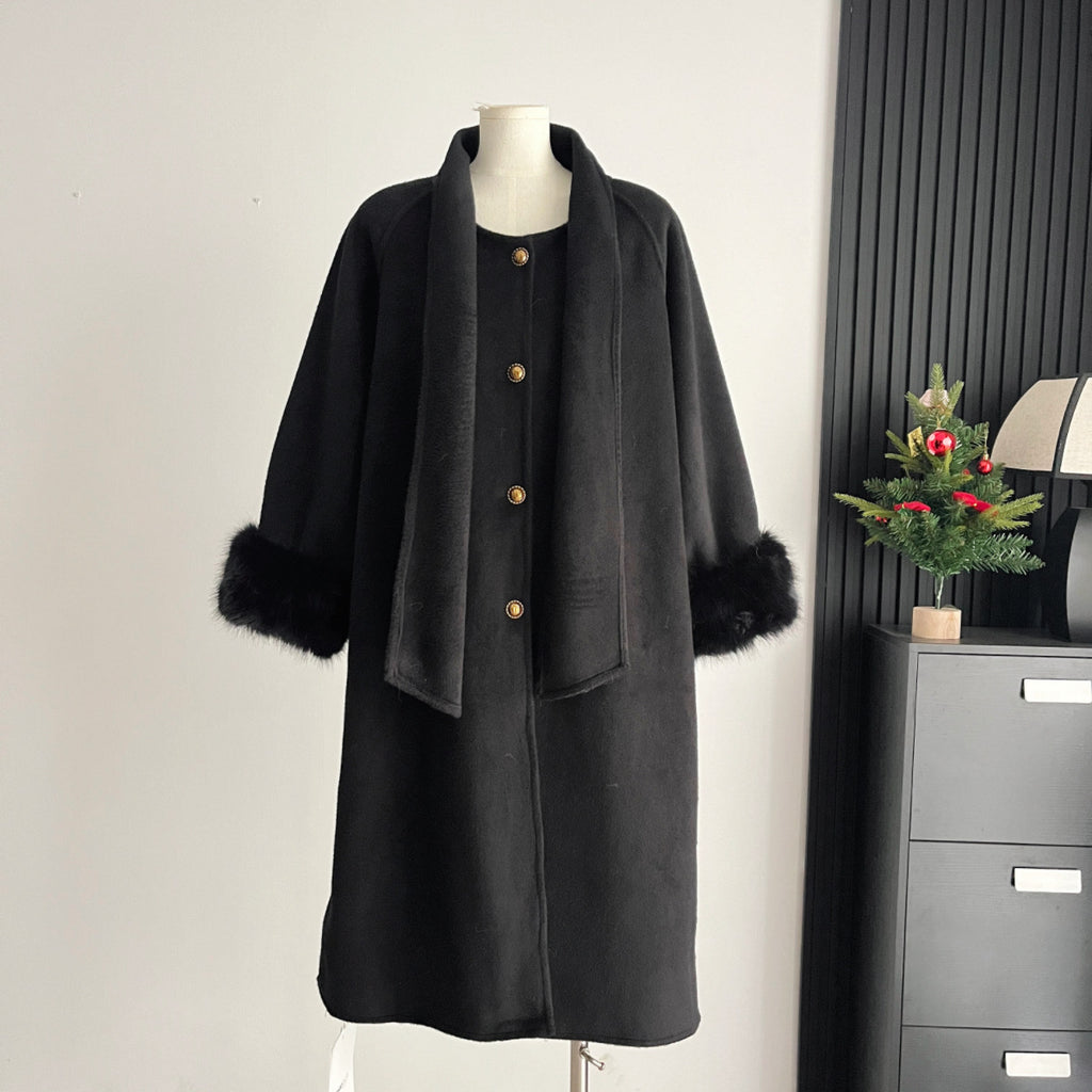 Women's Autumn And Winter High-end Super Stylish Furry Sleeve Double-faced Wool Coat
